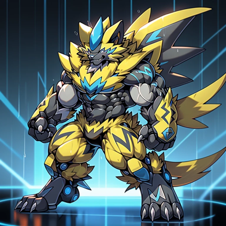 (masterpiece, best quality, detailed:1.2) (Pokémon) detailed full body, Zeraora's giant robot. Gigantic ZERAORA, GIANT. Protecting Zeraora's design and color scheme. scarf, A Zeraora at the bodybuilding competition, thunderstorm, rainy weather, lightning wears a black cloak on his back. Muscles are expanding. It has wings. whole body shines like metal. Wearing cyberpunk mecha, emphasizes the muscles. He wears the same armor as himself from head to foot. (emphasizes the muscles.) suit fully made of metal, intricate armor, Robotic suit, suit fully made of metal, cyborg, big muscle. pecs, triceps, body full of huge muscles. unusually developed muscular body, A Zeraora at the bodybuilding competition, massive, huge muscular bodybuilder with extraordinary biceps, pecs, triceps, traps, gigachad, 300 lbs. The claws are sharp, Sharp teeth, with huge golden laser sword, It's big inside my panties