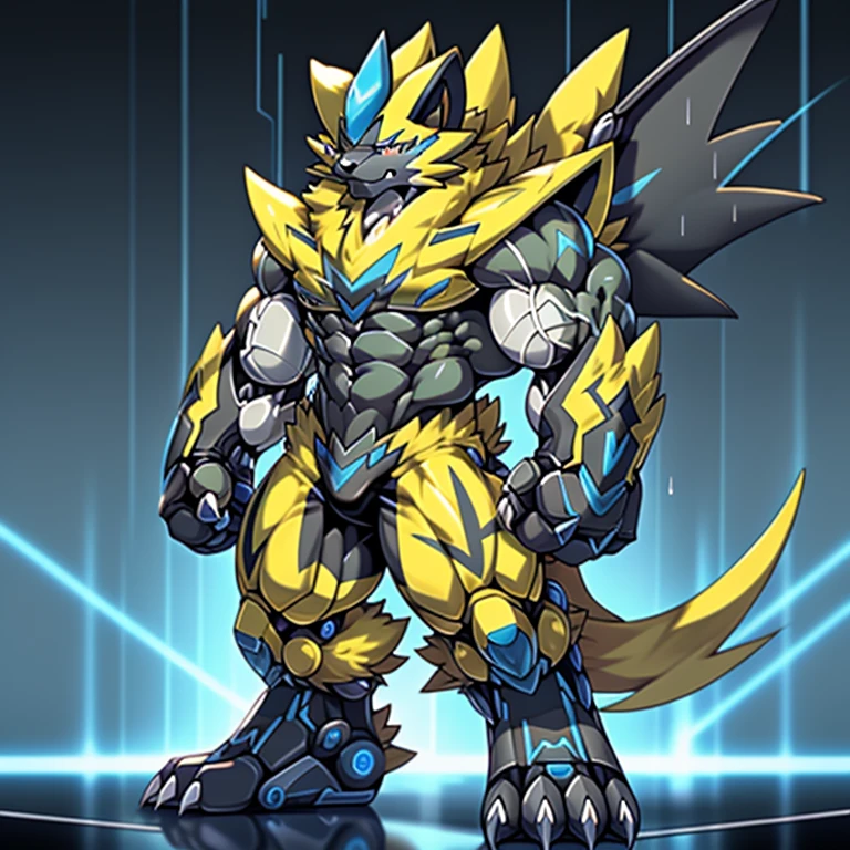 (masterpiece, best quality, detailed:1.2) (Pokémon) detailed full body, Zeraora's giant robot. Gigantic ZERAORA, GIANT. Protecting Zeraora's design and color scheme. scarf, A Zeraora at the bodybuilding competition, thunderstorm, rainy weather, lightning wears a black cloak on his back. Muscles are expanding. It has wings. whole body shines like metal. Wearing cyberpunk mecha, emphasizes the muscles. He wears the same armor as himself from head to foot. (emphasizes the muscles.) suit fully made of metal, intricate armor, Robotic suit, suit fully made of metal, cyborg, big muscle. pecs, triceps, body full of huge muscles. unusually developed muscular body, A Zeraora at the bodybuilding competition, massive, huge muscular bodybuilder with extraordinary biceps, pecs, triceps, traps, gigachad, 300 lbs. The claws are sharp, Sharp teeth, with huge golden laser sword, It's big inside my panties