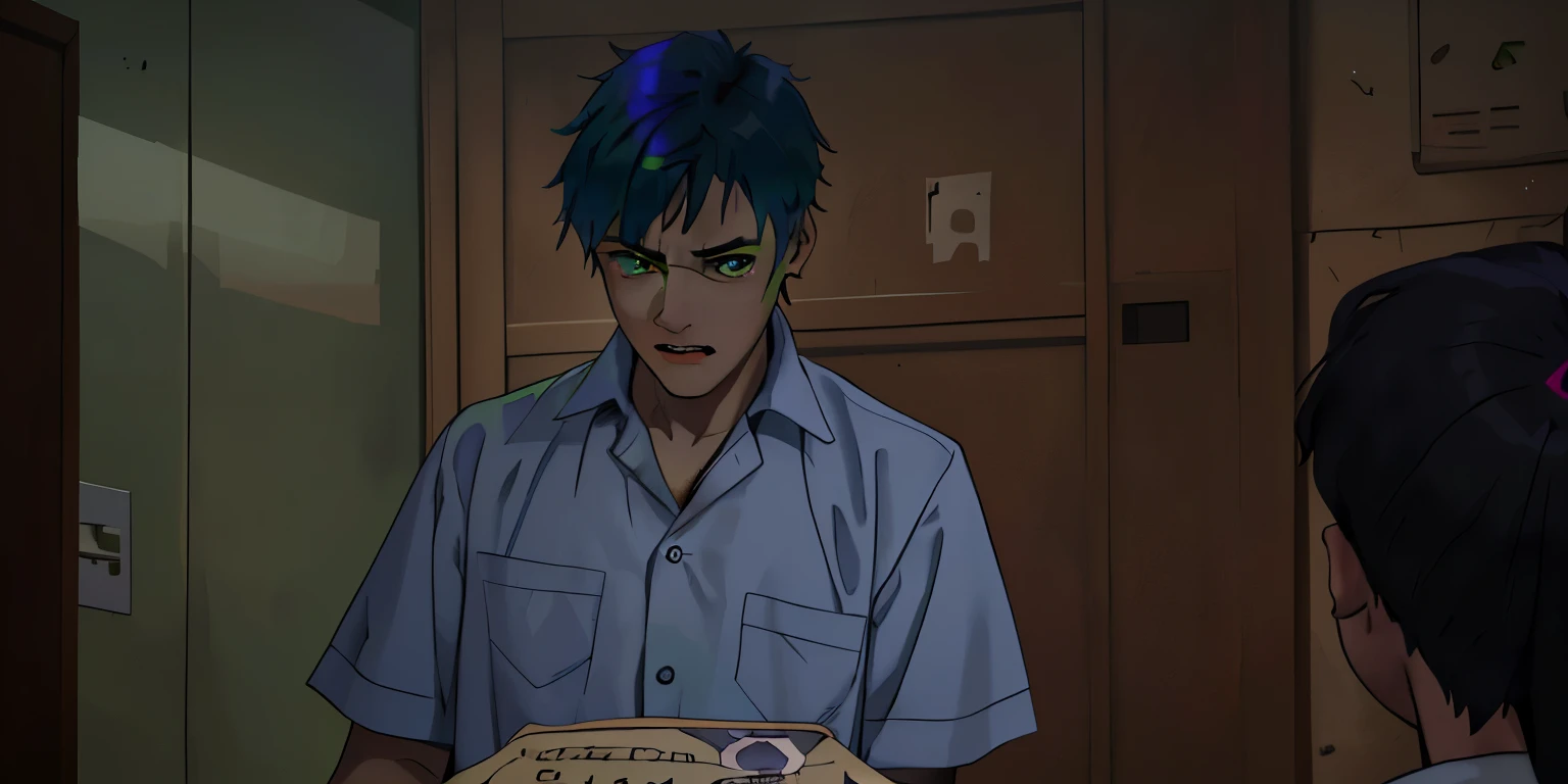 There is a 16-year-old boy with green hair, green eyes, he is talking with his mouth open but he is intimidated with fear, he speaks nervously with his eyes down, he looks at the floor with sadness and fear., There is a 40-year-old man with purple hair on his back waiting for him.