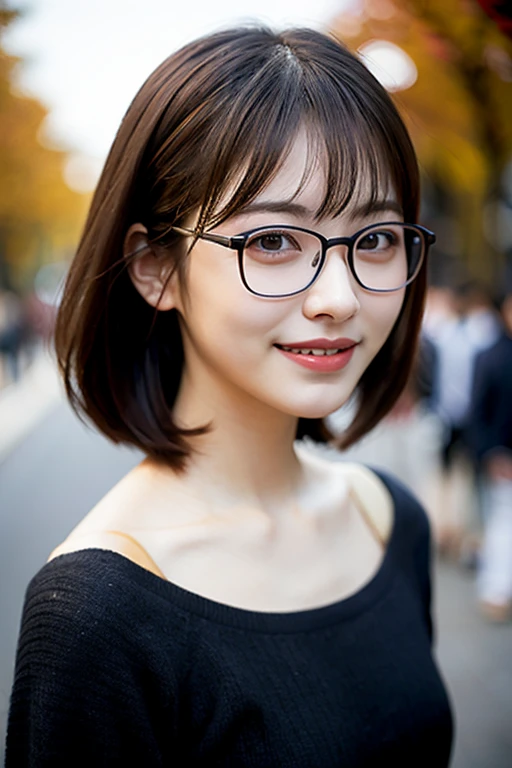 (8k、Raw photo、highest quality、masterpiece:1.2)、(Realistic、Photorealistic:1.37)、Ultra-detailed、超A high resolution、1 girl、Seeing the viewer、Beautifully detailed face、Laughter、narrow、(Narrow waist) :1.3)、Autumn Clothes、Beautifully detailed skin、Skin Texture、Floating Hair、Professional Lighting、Osaka、Black-rimmed square glasses、Human whole body、Brown Hair