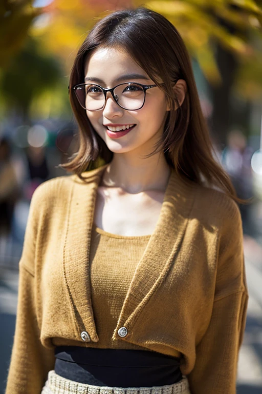 (8k、Raw photo、highest quality、masterpiece:1.2)、(Realistic、Photorealistic:1.37)、Ultra-detailed、超A high resolution、1 girl、Seeing the viewer、Beautifully detailed face、Laughter、narrow、(Narrow waist) :1.3)、Autumn Clothes、Beautifully detailed skin、Skin Texture、Floating Hair、Professional Lighting、Osaka、Black-rimmed square glasses、Human whole body、Brown Hair