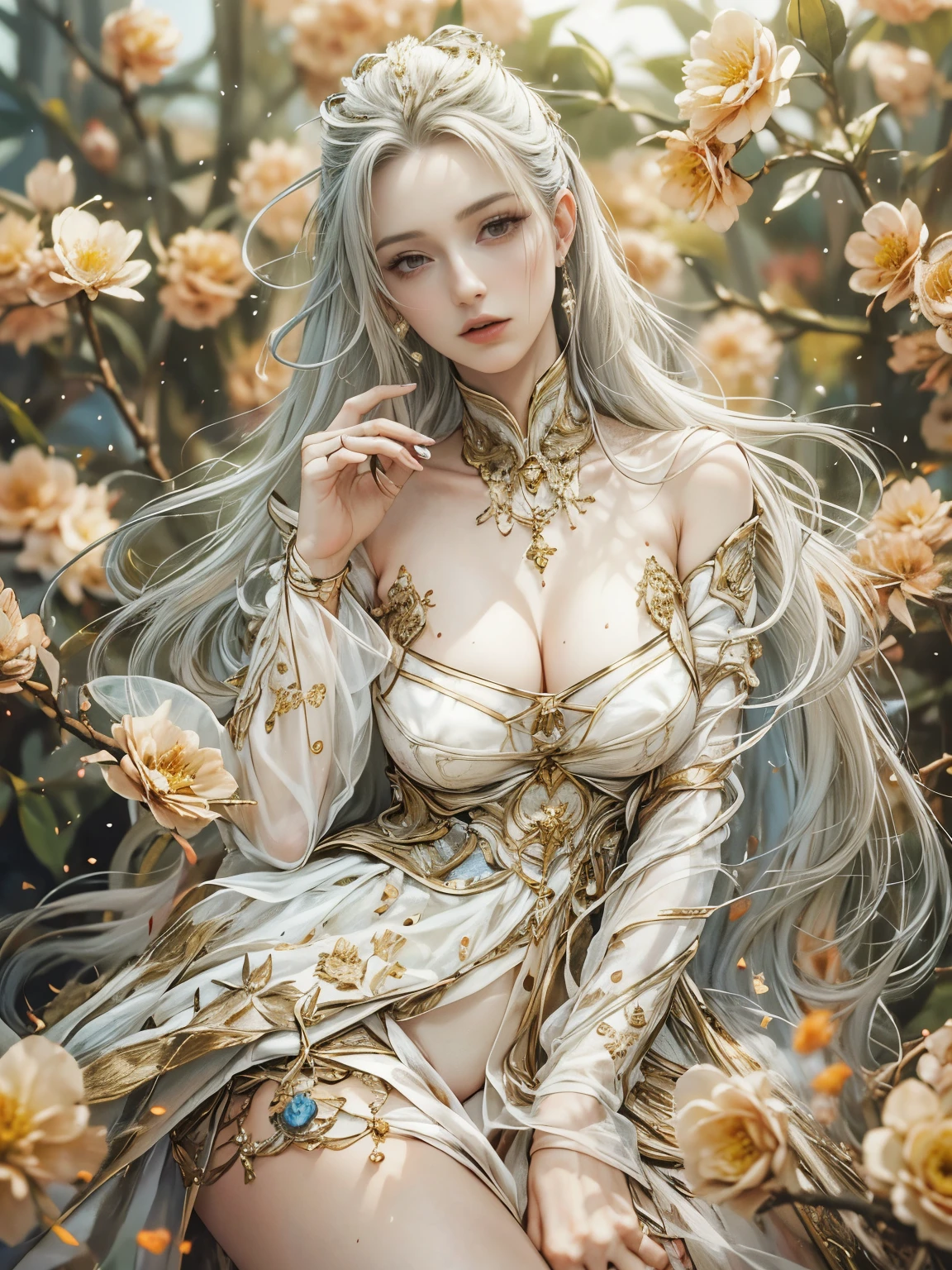 8K resolution, masterpiece, Highest quality, Award-winning works, unrealistic, From above, erotic, sole sexy lady, healthy shaped body, Anatomically accurate skeleton, 22 years old, sexy dancer, 170cm tall, huge firm bouncing busts,, white silver long wavy hair, Detailed facial depictions, Break, Mysterious blue eyes, Standard nose, Eyeliner, pink lips, sexy long legs, Transparent and shiny skin, Arabian Dancer, Gothic ruffle sexy long dress, A dress with a complex structure, Seven-colored colorful dress, Clothed in flames, royal coat of arms, elegant, Very detailed, Delicate depiction of hair, miniature painting, Digital Painting, artステーション, コンセプトart, Smooth, Sharp focus, shape, artジャム、Greg Rutkowski、Alphonse Mucha、William Adolphe Bouguereau、art:Stephanie Law , Royal Jewel, nature, Symmetric, Greg Rutkowski, Charlie Bowwater, Unreal, Surreal, Dynamic Lighting, ファンタジーart, Complex colors, Buddhist Mandala, Colorful magic circle, flash, dynamic sexy poses, A kind smile, Mysterious Background, Aura, A gentle gaze, BREAK, Small faint lights and flying fireflies, night, lanthanum, royal palace, Starry Sky, milky way, nebula, shooting star, Flowers, birds, wind and moon, (Intense dances, Back view, Looking back towards the camera:1.6), chant healing magic, A pillar of light stretching to the sky, Laser beam, Climb the stairs to heaven