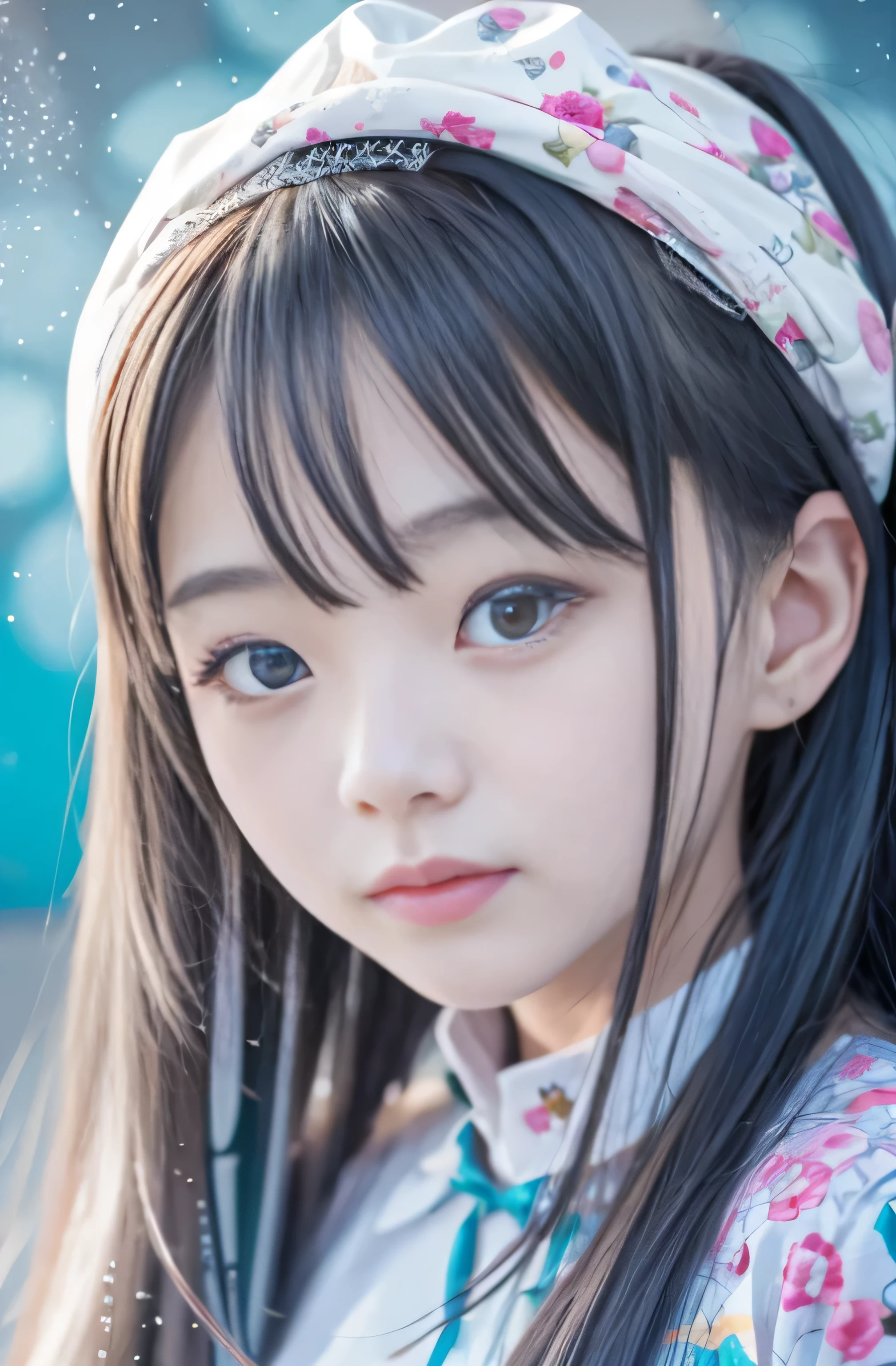 ((RAW Image Quality:1.4)), Girl with long hair and blue eyes in front of a colorful background, Cute girl visuals, Moe art style, Smooth art photography, Hololive, Visual novel, Beautiful school girl, Splash Art , hanayamata, Portraiture, Cute and realistic portrait, everyone, Official artwork