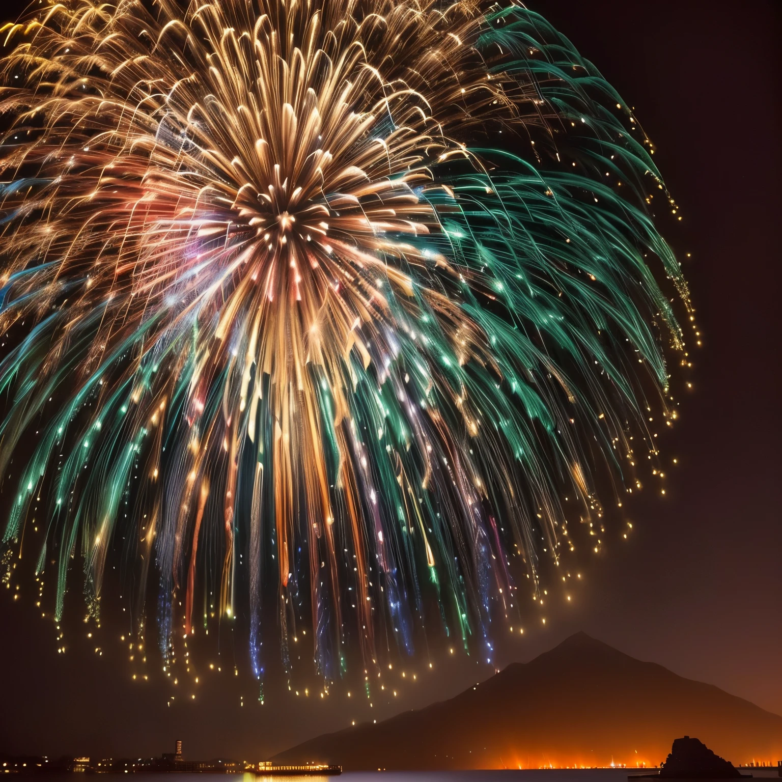 fireworks are lit up in the sky over a lake, [ fireworks in the sky ]!!, firework, fireworks, fireworks in the background, firework, fireworks in background, by Nishida Shun'ei, By Masao Maeda, by Unkoku Togan, by Hiroshi Honda, Beautiful images, Kano Tanyou