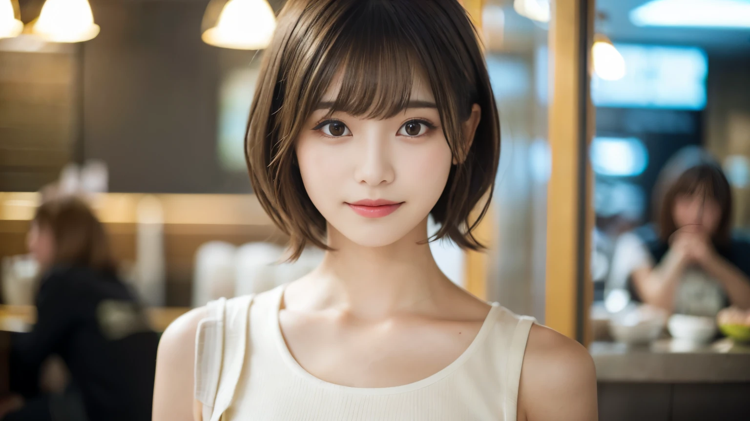 super high quality, Short Hair, Slender, Gravure photoshoot, The staff is working at the counter in the back., (8k、RAW Photos、highest quality、masterpiece:1.2), Japanese Idol, Shaggy, Sportswear, Stylish café, (Realistic、Photorealistic:1.37), Mesh Hair, Normal chest, Urban Cafe, Golden Ratio, Raw photo, Cute face , Light Brown Hair, Bright cafe interior, Blurred Background, Spring Clothes, A sweet expression, Watching the audience, Beautiful hairstyle, 20-year-old, Hair blowing in the wind, Neat clothes,