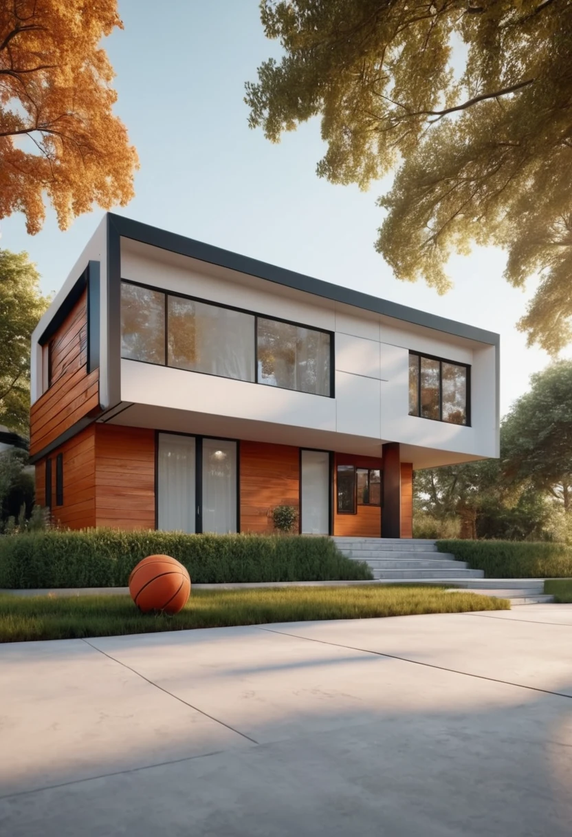 create an image demonstrating the style of ((Bahaus)) style, hyper realism, 8k high definition, vibrant colors, sharp focus, insanely detailed, white and wood design with basketball court beside the house