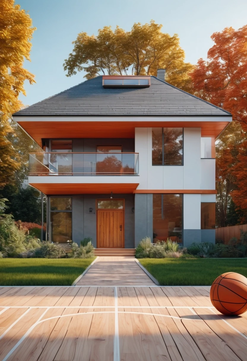 create an image demonstrating the style of ((Bahaus)) style, hyper realism, 8k high definition, vibrant colors, sharp focus, insanely detailed, white and wood design with basketball court beside the house