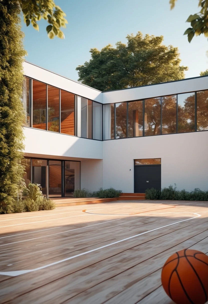 create an image demonstrating the style of ((Bahaus)) style, hyper realism, 8k high definition, vibrant colors, sharp focus, insanely detailed, white and wood design with basketball court beside the house 