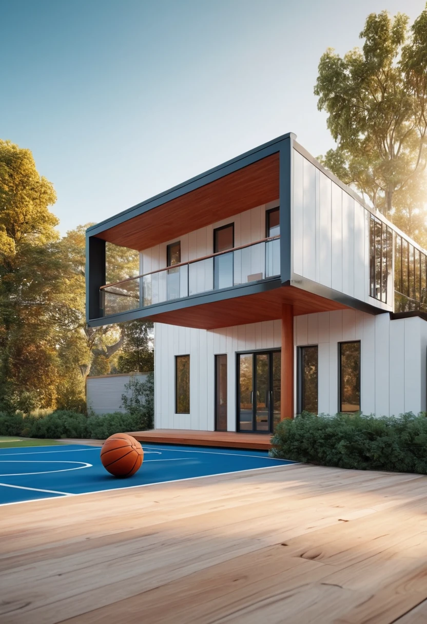 create an image demonstrating the style of ((Bahaus)) style, hyper realism, 8k high definition, vibrant colors, sharp focus, insanely detailed, white and wood design with basketball court beside the house 