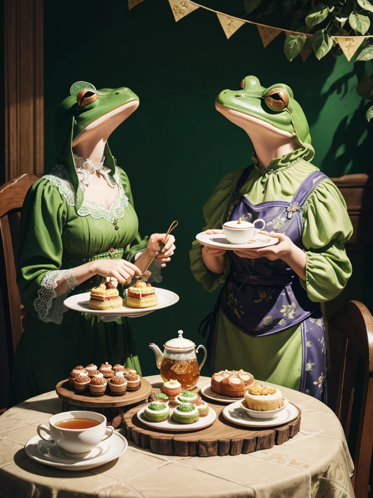 (best quality,4k,8k,highres,masterpiece:1.2),ultra-detailed,(realistic,photorealistic,photo-realistic:1.37),medium:frog portraits,anthropomorphic frogs drinking tea in a cafe,fun and whimsical style,cute and vibrant colors,frogs wearing stylish hats,frogs with expressive eyes and charming smiles,cafe with cozy atmosphere and vintage decor,vibrant green background with lush foliage,table set with teacups,saucers,and a teapot,steam rising from the cups,two frogs holding teacups with their webbed hands,frogs seated at a small wooden table covered with a lace tablecloth,various desserts and pastries displayed on a cake stand,frogs surrounded by other patrons enjoying their own beverages and treats,soft natural lighting illuminating the scene,frogs engaged in lively conversation and laughter