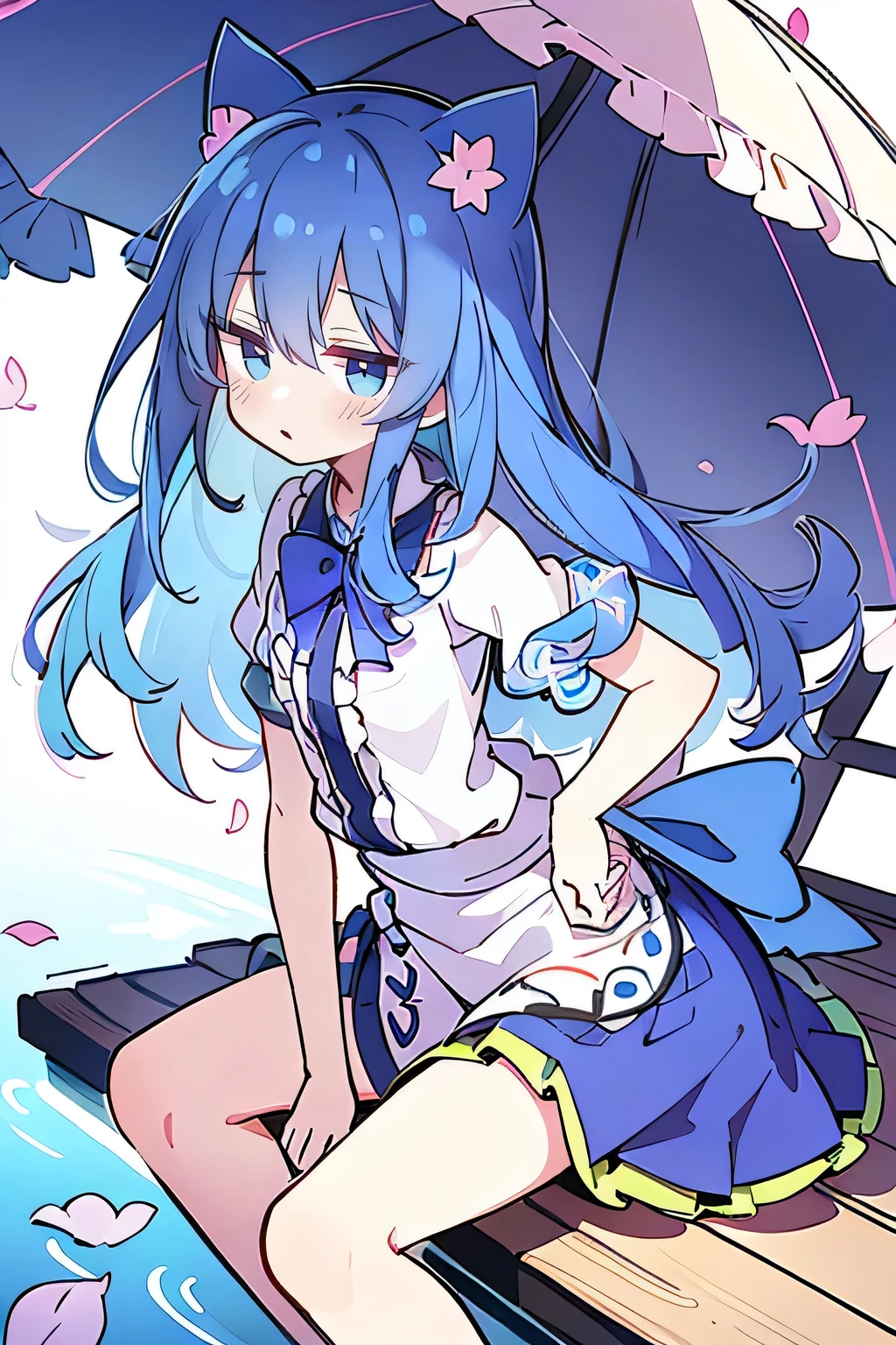(masterpiece:1.2),ultra-detailed,realistic,expressive eyes,fair-skinned,perfectly shaped face,1girl,
Japanese cartoons,Gorgeous blue hair, flowing blue hair,floating clothes,cat ears,petals falling,beautiful Lola,Hina Angel,
hands on waist,gracefully sitting on the ground,legs crossed,gentle and serene background,cool and comfortable pavilion.