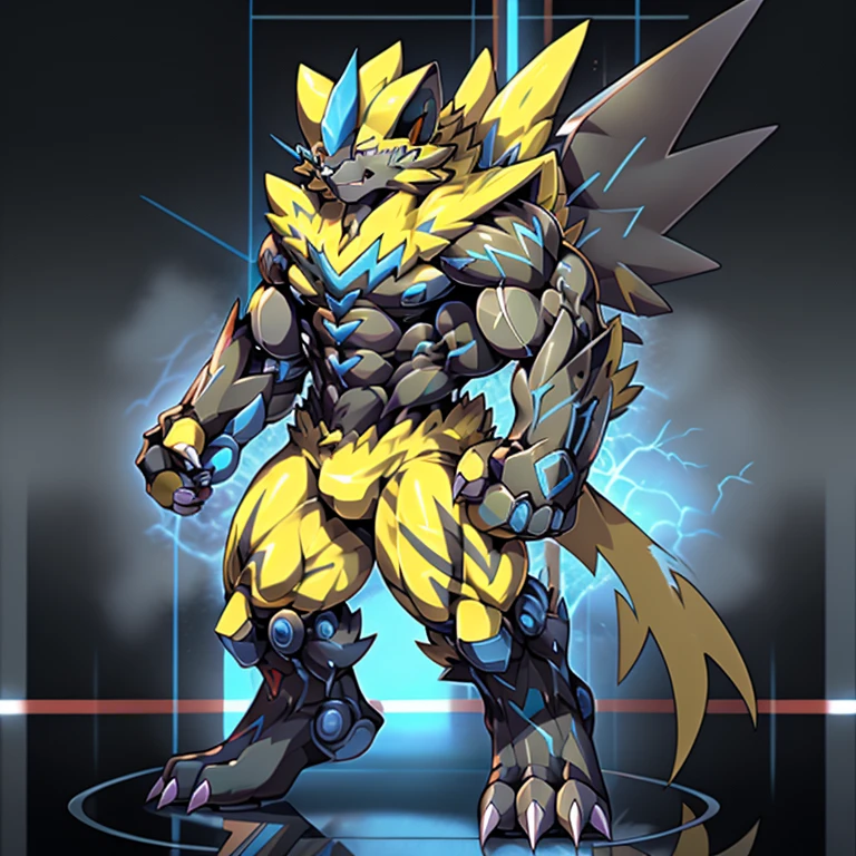 (masterpiece, best quality, detailed:1.2) (Pokémon) detailed full body, Zeraora's giant robot. Gigantic ZERAORA, GIANT. Protecting Zeraora's design and color scheme. scarf, A Zeraora at the bodybuilding competition, thunderstorm, rainy weather, lightning wears a black cloak on his back. Muscles are expanding. It has wings. whole body shines like metal. Wearing cyberpunk mecha, emphasizes the muscles. He wears the same armor as himself from head to foot. (emphasizes the muscles.) suit fully made of metal, intricate armor, Robotic suit, suit fully made of metal, cyborg, big muscle. pecs, triceps, body full of huge muscles. unusually developed muscular body, A Zeraora at the bodybuilding competition, massive, huge muscular bodybuilder with extraordinary biceps, pecs, triceps, traps, gigachad, 300 lbs. The claws are sharp, Sharp teeth, with huge golden laser sword, It's big inside my panties