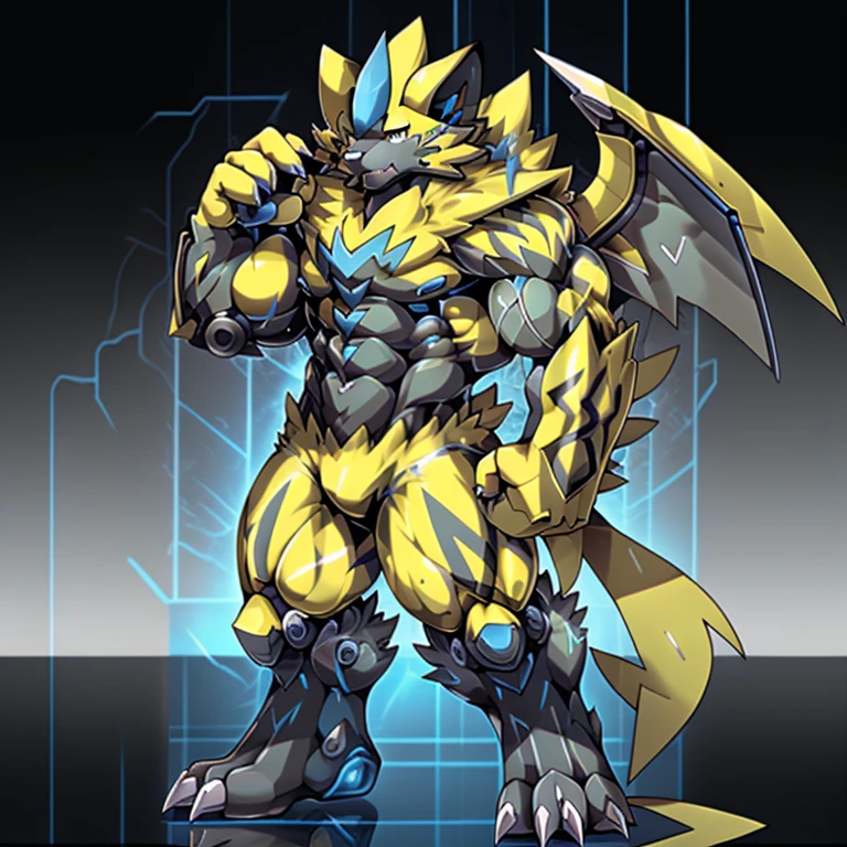 (masterpiece, best quality, detailed:1.2) (Pokémon) detailed full body, Zeraora's giant robot. Gigantic ZERAORA, GIANT. Protecting Zeraora's design and color scheme. scarf, A Zeraora at the bodybuilding competition, thunderstorm, rainy weather, lightning wears a black cloak on his back. Muscles are expanding. It has wings. whole body shines like metal. Wearing cyberpunk mecha, emphasizes the muscles. He wears the same armor as himself from head to foot. (emphasizes the muscles.) suit fully made of metal, intricate armor, Robotic suit, suit fully made of metal, cyborg, big muscle. pecs, triceps, body full of huge muscles. unusually developed muscular body, A Zeraora at the bodybuilding competition, massive, huge muscular bodybuilder with extraordinary biceps, pecs, triceps, traps, gigachad, 300 lbs. The claws are sharp, Sharp teeth, with huge golden laser sword, It's big inside my panties