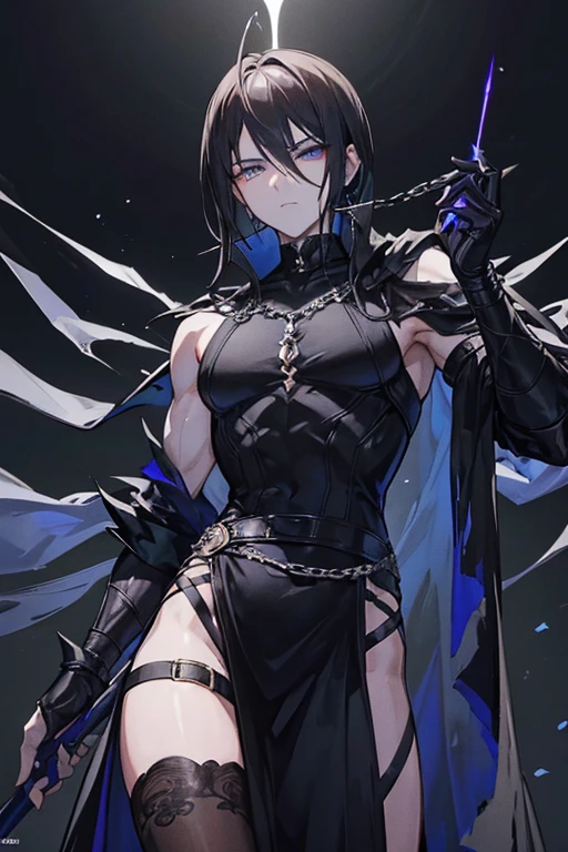 A dangerous and mysterious male figure with weak and fragile features. He has short and neatly arranged dark hair, giving him an elegant appearance. His aura exudes darkness and unpredictability. The figure is clad in an adjustable chainmail dress, emphasizing his enigmatic nature. There are daggers hanging from his belt, hinting at his dangerous capabilities.