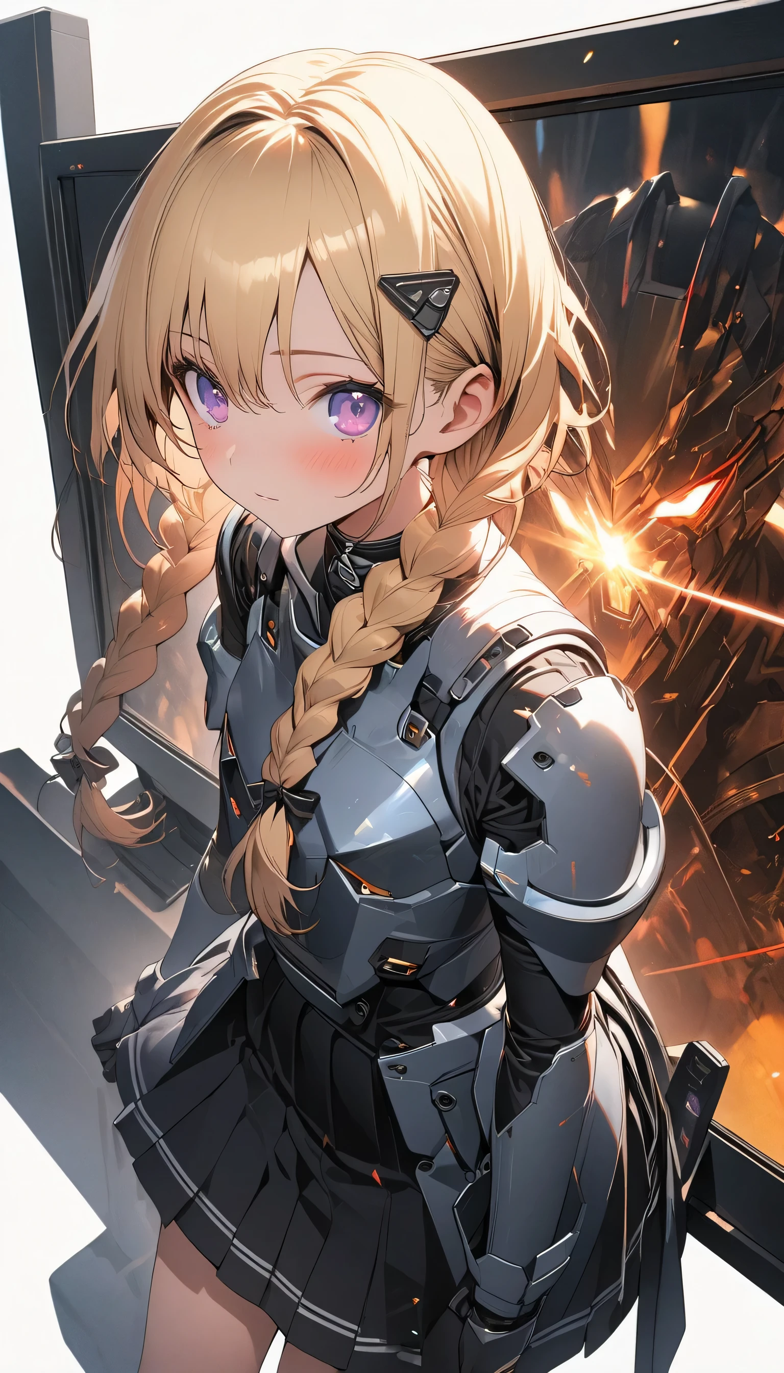 masterpiece, best quality, (super fine illustration:1.2), ultra detailed, fine textured, crisp, perfect design, ideal ratio body proportions, perfect eyes, perfect hand, absurdres, highres, 8K, Ray Tracing, game cg
1 mecha girl, blonde hair, Western style braids, purple eyes, No expression, research institute, monitor,(The skirt is black)、
BREAK
machine armor, machine body, flat chest,
、anime、(Simple Background)、Full Body