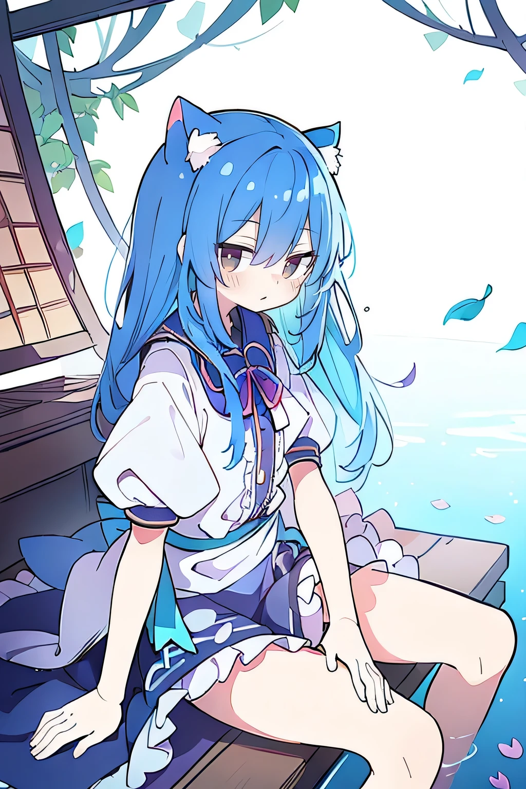 (masterpiece:1.2),ultra-detailed,realistic,expressive eyes,fair-skinned,perfectly shaped face,1girl,
Japanese cartoons,Gorgeous blue hair, flowing blue hair,floating clothes,cat ears,petals falling,beautiful Lola,Hina Angel,
hands on waist,gracefully sitting on the ground,legs crossed,gentle and serene background,cool and comfortable pavilion.