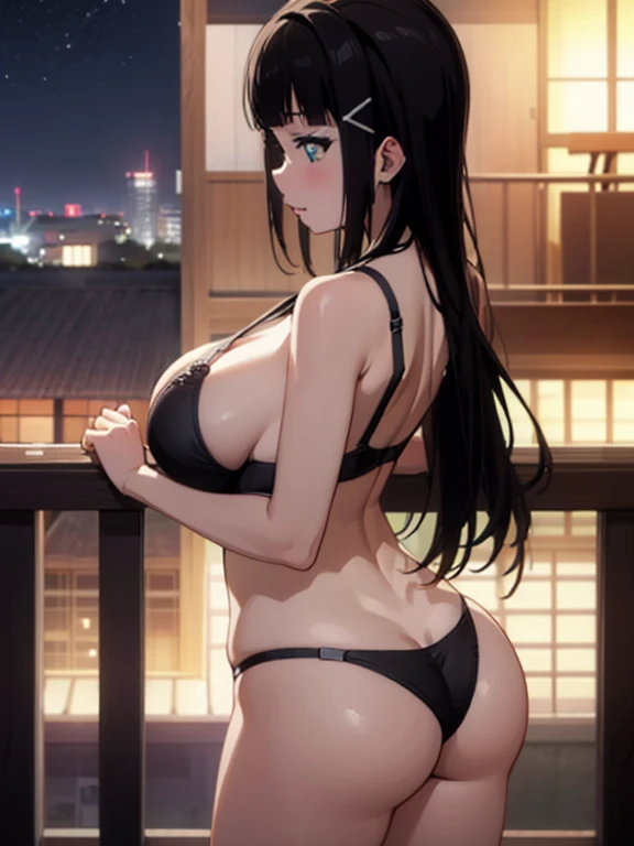 highest quality、Highest quality、4K,POV shot、Profile、night、relaxing after a hot bath、Changing clothes、bra、High leg、Thong、Women with huge breasts and firm big asses、Balcony、night風にあたる