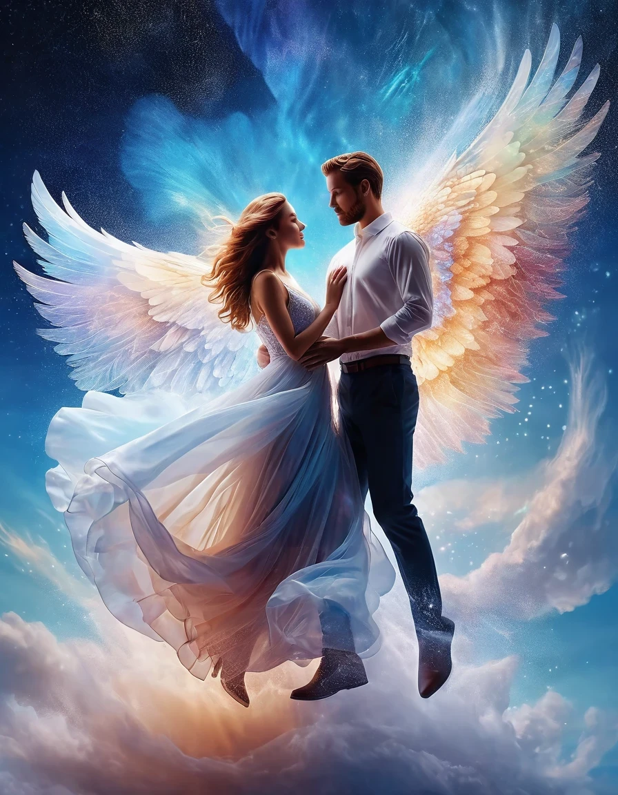 (Best Quality,4K,HD,Masterpiece:1.2),Ultra-detailed,realistic
(floating soaring sky portrait of beautiful romantic couple), blue gradient dissolving pixels, 3d rendering, head to toe initially intact but gradually disintegrating aerial structure, sunlight pouring in, holographic cosmic background.