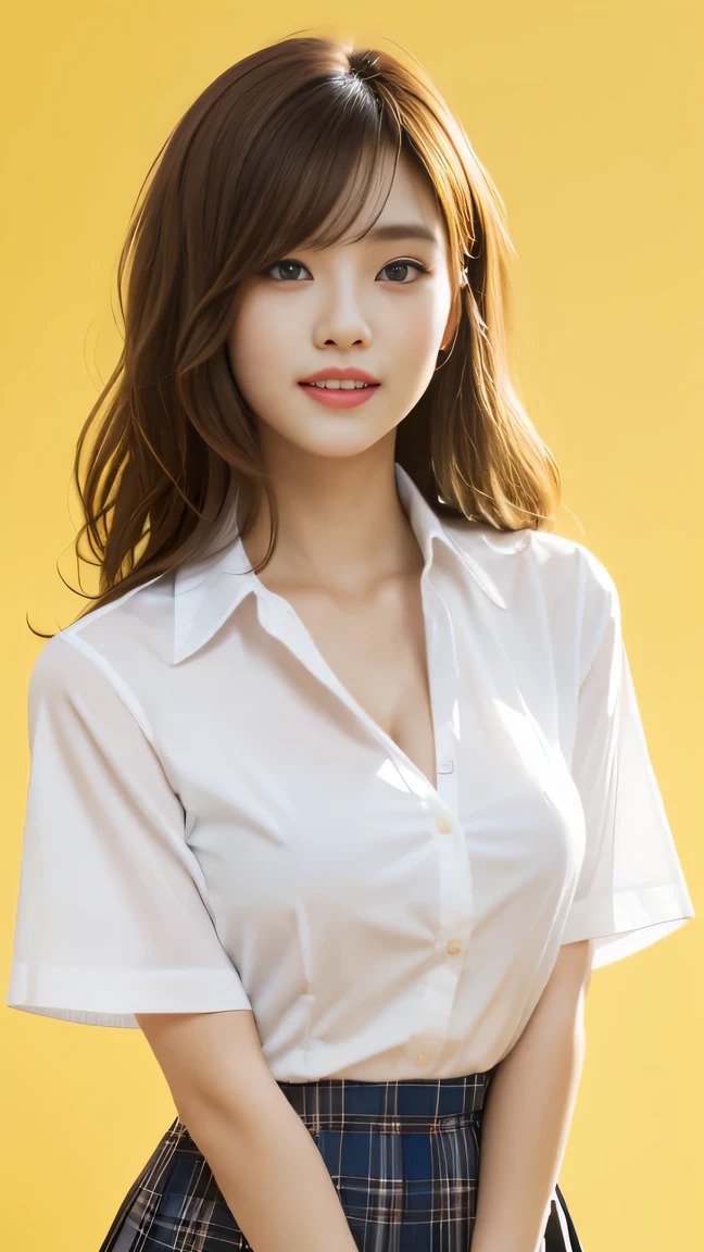 Generate with SFW, (1 girl:1.3), Cowboy Shot, Japanese,  supermodel, the body is slim, high school girl, (from before), (highest quality:1.4), 32k resolution, (Realistic:1.5), (Ultra-realistic:1.5), High resolution UHD, (masterpiece:1.2)), (Improvement of quality:1.4), (Very beautiful facial details), (Highest quality realistic skin texture:1.4), (Perfect Anatomy:1.2), (Are standing:1.37), ((school uniform)), (( White short sleeve blouse shirt:1.21)), cleavage cutout, , , ((Navy plaid pleated skirt:1.1)), (Do not emphasize the top of the bust), ((yellow background color:1.15)), Accurate Fingers, Very detailed, Symmetrical eyes, Fine eyelashes, Thinly trimmed eyebrows, View audience, Natural Makeup, [Pink lipstick], ((A good eye for quality:1.2)), (tired, Sleepy and satisfied:0.0), (Beautiful Lips:1.33), (Great nose:1.2), ((Physically Based Rendering of the Background:1.37)), (small breast), Tight waist, (Heavy chest:1.05, slim lower body), Brown Hair, bangs, (natural wave hair :1.37), , Gentle light illuminates the face and body, Spectacular and inspiring cinema lighting, arms at sides, embarrassed happy laugh, , , (the abdomen is visible),