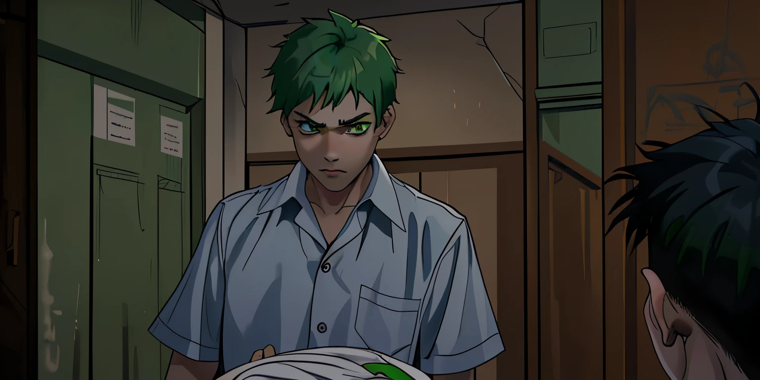 There is a 16-year-old boy with green hair, green eyes, intimidated with fear, he speaks nervously with his gaze downcast, he looks at the floor with sadness and fear.