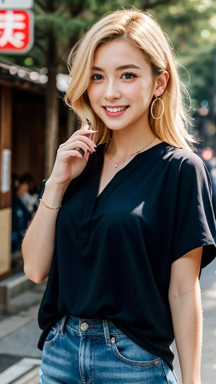 1 25 years old beautiful woman with casual cute hairstyle, A photo of her walking along Nakamise Street in Sensoji Temple in Japan holding a small japanese traditional carp streamer in her hand, Real raw photo with super detailed details, (Beautiful smooth glossy bright blonde hair woman), A very beautiful bright blonde woman, She blushes and laughs with love, Her face is turned upwards, (Well-cared for beautiful bright blonde hair), 16K Ultra Realistic Portrait taken in super wide angle, She is slim figure top model and famous movie actress, (She has very fine smooth and white skin), Breast enhancement, ((((1 European bright blonde woman)))), (The bright blonde eyebrows are slightly rounded shape), She has bittersweet feeling, Droopy eyes are moist and super thinly opened, Eyes drawn with precision in every detail, Form a gentle curve from cheek to chin, Her thick plump and shiny big lips are half-opened, A person in the center left and right:1.0, The whole head is shown, She is wearing dark colored blouse and simple earrings and a simple necklace, Perfect natural makeup, Professional lighting like movies in her bedroom
