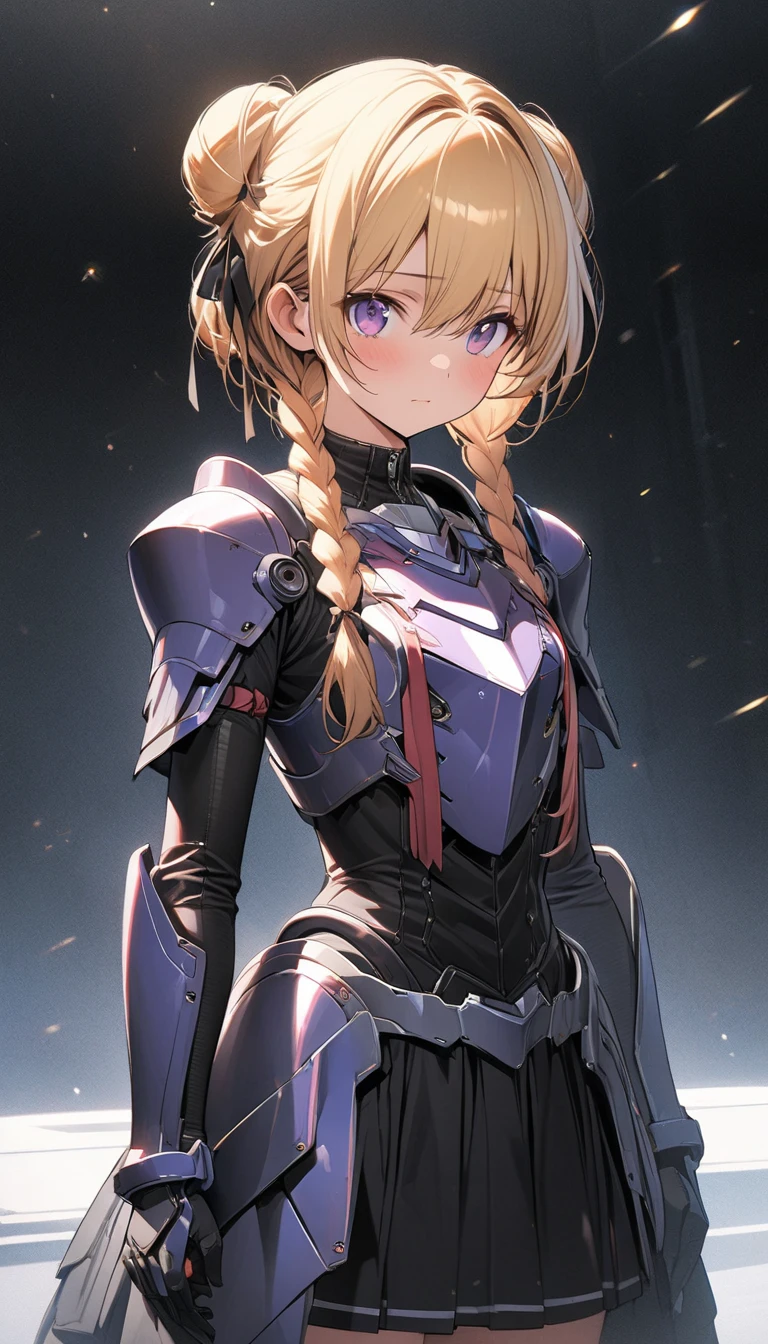 masterpiece, best quality, (super fine illustration:1.2), ultra detailed, fine textured, crisp, perfect design, ideal ratio body proportions, perfect eyes, perfect hand, absurdres, highres, 8K, Ray Tracing, game cg
1 mecha girl, blonde hair, (Western style side braids,A bun on top of the head)、 purple eyes, No expression, research institute, monitor,(The skirt is black)、(Skirt Armor:1.6)、
BREAK
machine armor, machine body, flat chest,
、anime、(Simple Background)、Full Body