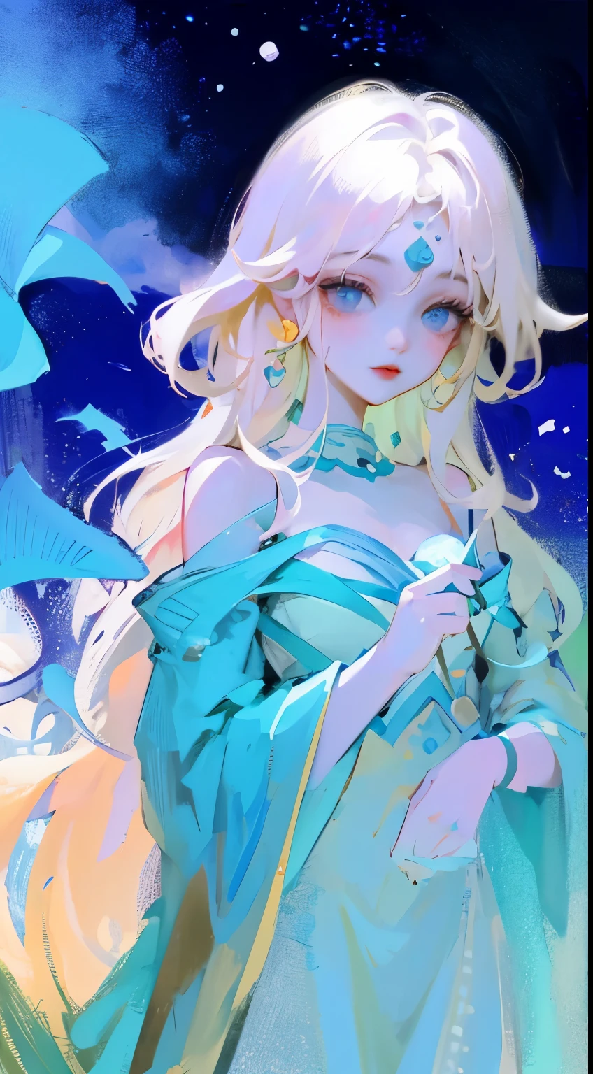 There was a woman in a white dress holding a music box, Artwork in the style of Guweiz, Guweiz on Pixiv ArtStation, Guweiz on Artstation Pixiv, guweiz, Fantasy art style, guweiz masterpiece, Beautiful and elegant queen, Beautiful character painting, Detailed digital anime art, Blonde Princess, white hair, Sky blue eyes, Pink lips