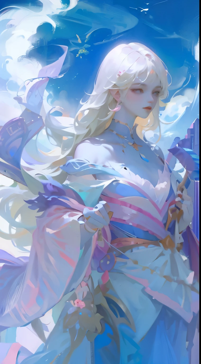 There was a woman in a white dress holding a music box, Artwork in the style of Guweiz, Guweiz on Pixiv ArtStation, Guweiz on Artstation Pixiv, guweiz, Fantasy art style, guweiz masterpiece, Beautiful and elegant queen, Beautiful character painting, Detailed digital anime art, Blonde Princess, white hair, Sky blue eyes, Pink lips