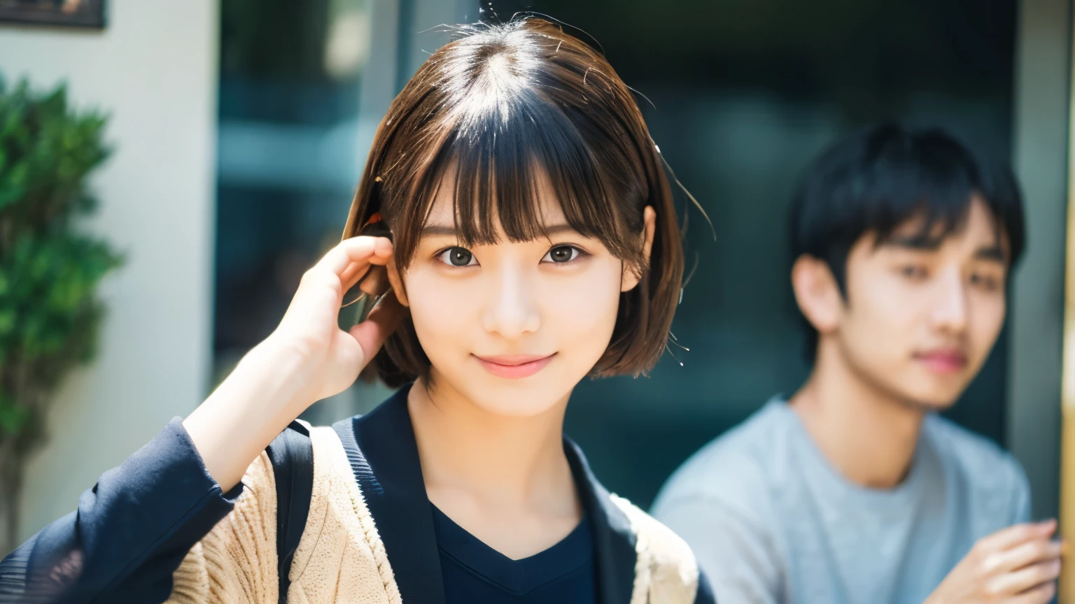 super high quality, Short Hair, Slender, Gravure photoshoot, The staff is working at the counter in the back., (8k、RAW Photos、highest quality、masterpiece:1.2), Japanese Idol, Shaggy, Sportswear, Stylish café, (Realistic、Photorealistic:1.37), Mesh Hair, Normal chest, Urban Cafe, Golden Ratio, Raw photo, Cute face , Light Brown Hair, Bright cafe interior, Blurred Background, Spring Clothes, A sweet expression, Watching the audience, Beautiful hairstyle, 20-year-old, Hair blowing in the wind, Neat clothes, 
