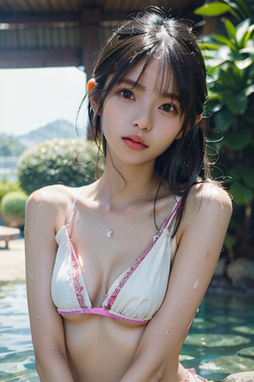 Best Quality, masutepiece, 超A high resolution, (Photorealistic:1.4), Raw photo, 1girl in, Black hair, Shiny skin, Wet body, Soft light, Full body, maikurobikini, (tiny chest),goat