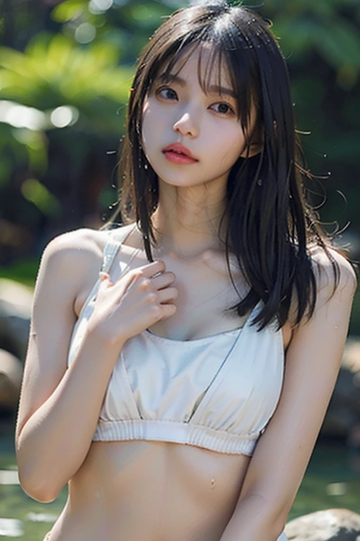 Best Quality, masutepiece, 超A high resolution, (Photorealistic:1.4), Raw photo, 1girl in, Black hair, Shiny skin, Wet body, Soft light, Full body, maikurobikini, (tiny chest),goat