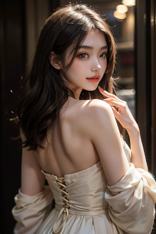 masterpiece、8K、32K、top-quality、(A detailed eye)、(A cute Japanese woman、bangss)、18years old、1 girl in、elegent、(Detailed background depiction)、look back、Cheerful, steampunk、clear、whole body、