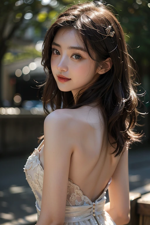 masterpiece、8K、32K、top-quality、(A detailed eye)、(A cute Japanese woman、bangss)、18years old、1 girl in、elegent、(Detailed background depiction)、look back、Cheerful, steampunk、clear、whole body、