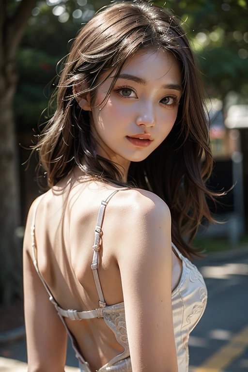 masterpiece、8K、32K、top-quality、(A detailed eye)、(A cute Japanese woman、bangss)、18years old、1 girl in、elegent、(Detailed background depiction)、look back、Cheerful, steampunk、clear、whole body、gorgeous accessories