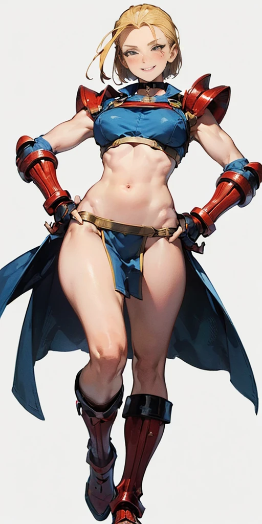 ((Plain background 1:2)) (Cammy White Street Fighter 6) Female full body standing straight symmetrical, (breastplate, choker, bracers, handcuffs, shackles, rerebrace, armored, high boots bootstraps, shoulder armor, faulds, poleyn, gloves, gauntlets), lustful smirking smile face red blushed red cheeks, (hands (clenching) on hips), loincloth, pinched eyes, (big-:1.5) thin legs, thin body, leather collar, view from below, wide hips