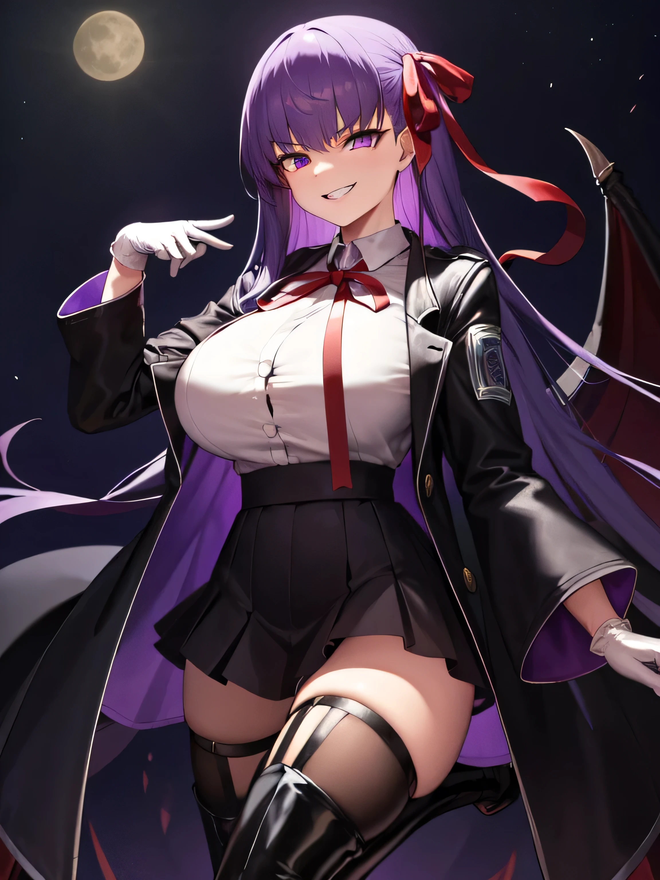  isometric, mid shot,  night, ,,, purple hair, black jacket, white shirt, black skirt, red ribbon, big breasts, purple eyes, white gloves, long hair, big collar, evil smile,smirk,thighhigh boots,