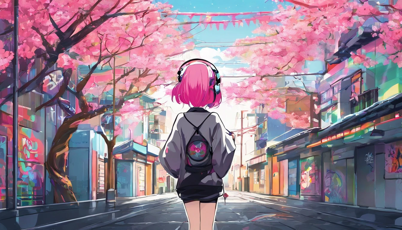 Oil Style、master piece, City Pop style, Pink Hair, fluffy bob cut, wearing headphones, shoulder length, alone, Futuristic, yet, lofi, retro, vintage, Ghost, light smile, cherry blossoms, ((kimono)), (( back shot )),