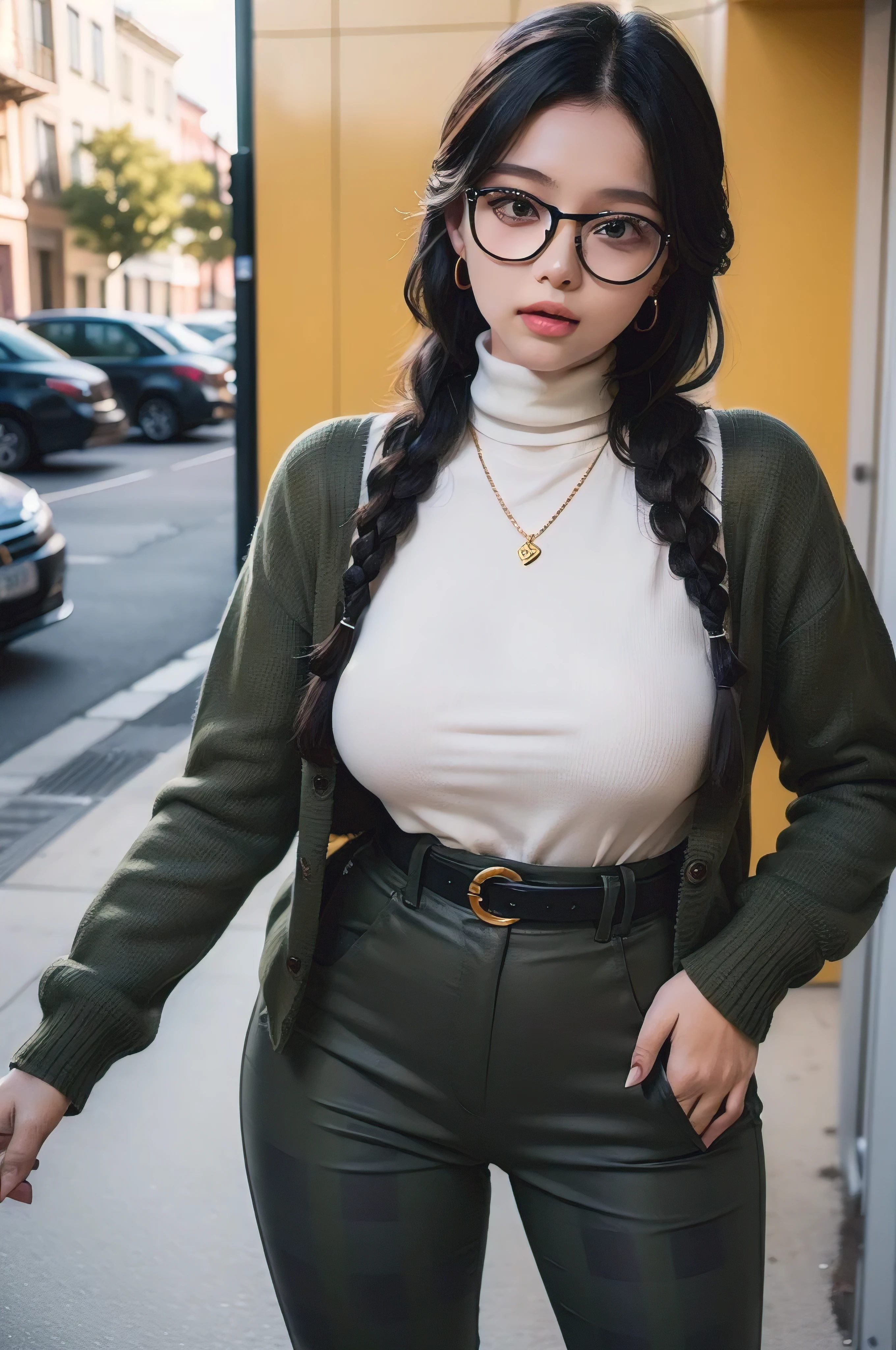 (masterpiece1.5),adult lady,Huge breasts,Solo,(((braid))), Long hair, half-opened mouth,(Red Frame Glasses),(Black hair), (large eyes with double eyelids),(Thick lip),(lofty nose),(High gauge (tight fitted:1.1) (Black:1.3) turtle neck:1.1), (Tuck-in:1.3), (Orange Cardigan:1.2), (checkered (Dark olive green) Tapered pants:1.3), Dark brown belt, Gold necklace, (Dark brown:1.1) lowfers,Nice backgrounds for your subject、beatiful backgrounds、spot light、Vibrant colors、(((Detailed drawing)))、Perfect Beautiful Girl