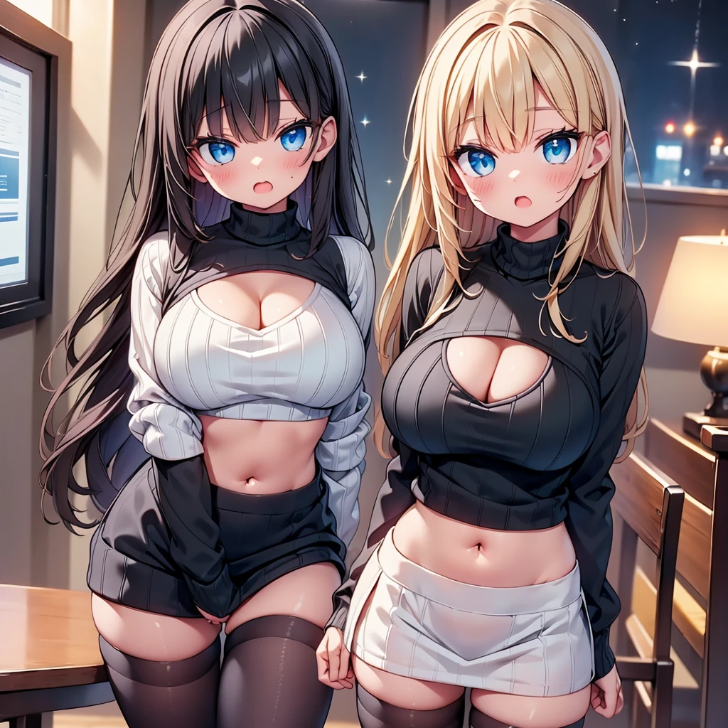 (cute eyes:1.2), (sparkling eyes:1.2), highest quality,wonderful,finely,extremely detailed CG Unity 8K wallpaper, (girl, cute eyes, clothed), virgin killer sweater, (sweater dress:1.2), (ribbed sweater,sideboob,cleavage cutout, turtleneck sweater,(black sweater:1.4),crop top navel), (huge breasts), (open mouth:1.1), (long tongue:1.1), (mouth drool:1.1), (black stockings:1.1),(Thighs:1.2),(Waistline:1.2),(midriff peek:1.2)