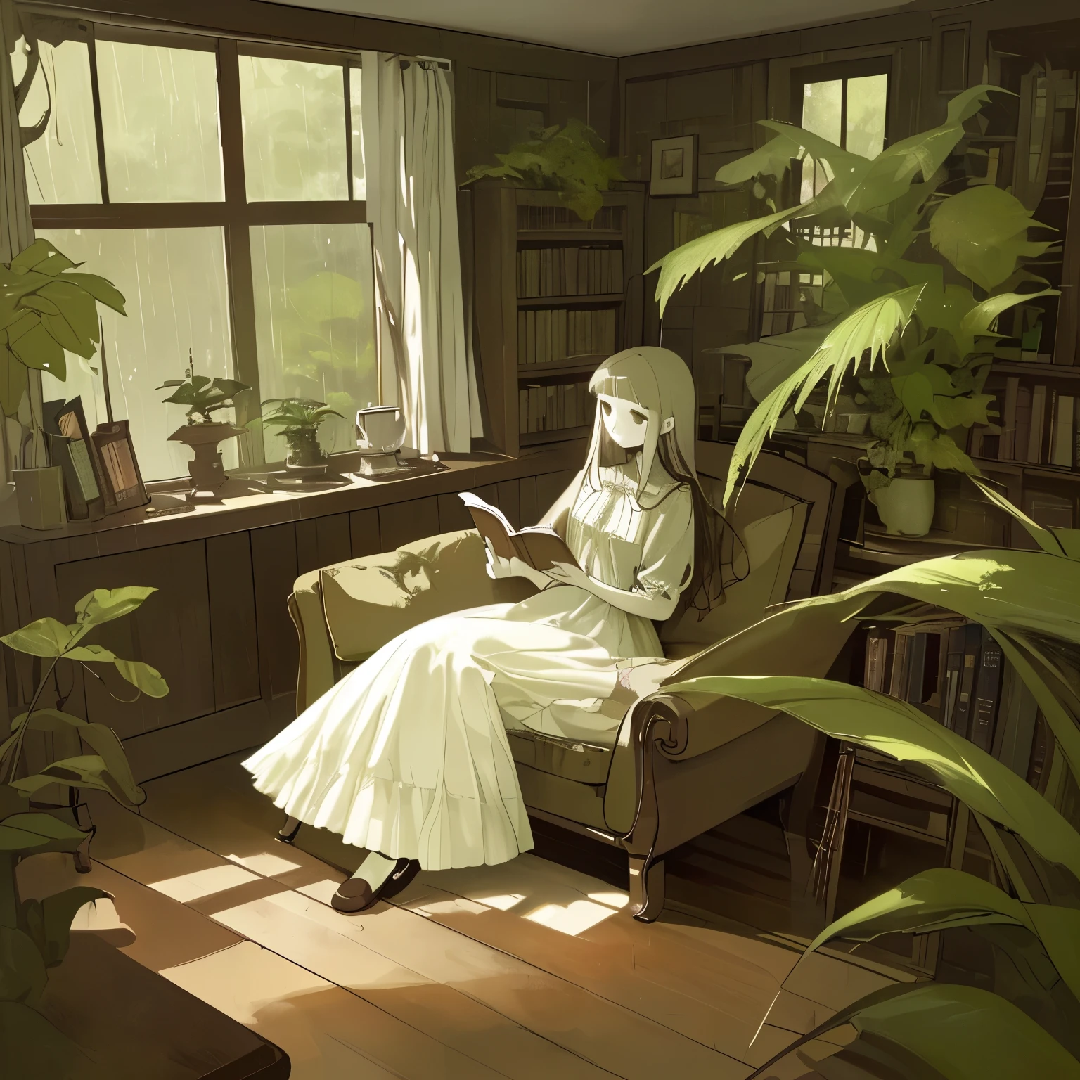 highest quality,perfection3is ,High resolution,Rain outside the window,a hot cup of coffee,Wooden desk,Comfortable sofa,Natural scenery,,Elaborate depiction,nostalgic,pale colour,Girl reading a book、Foliage plant、Bookshelf、cushion