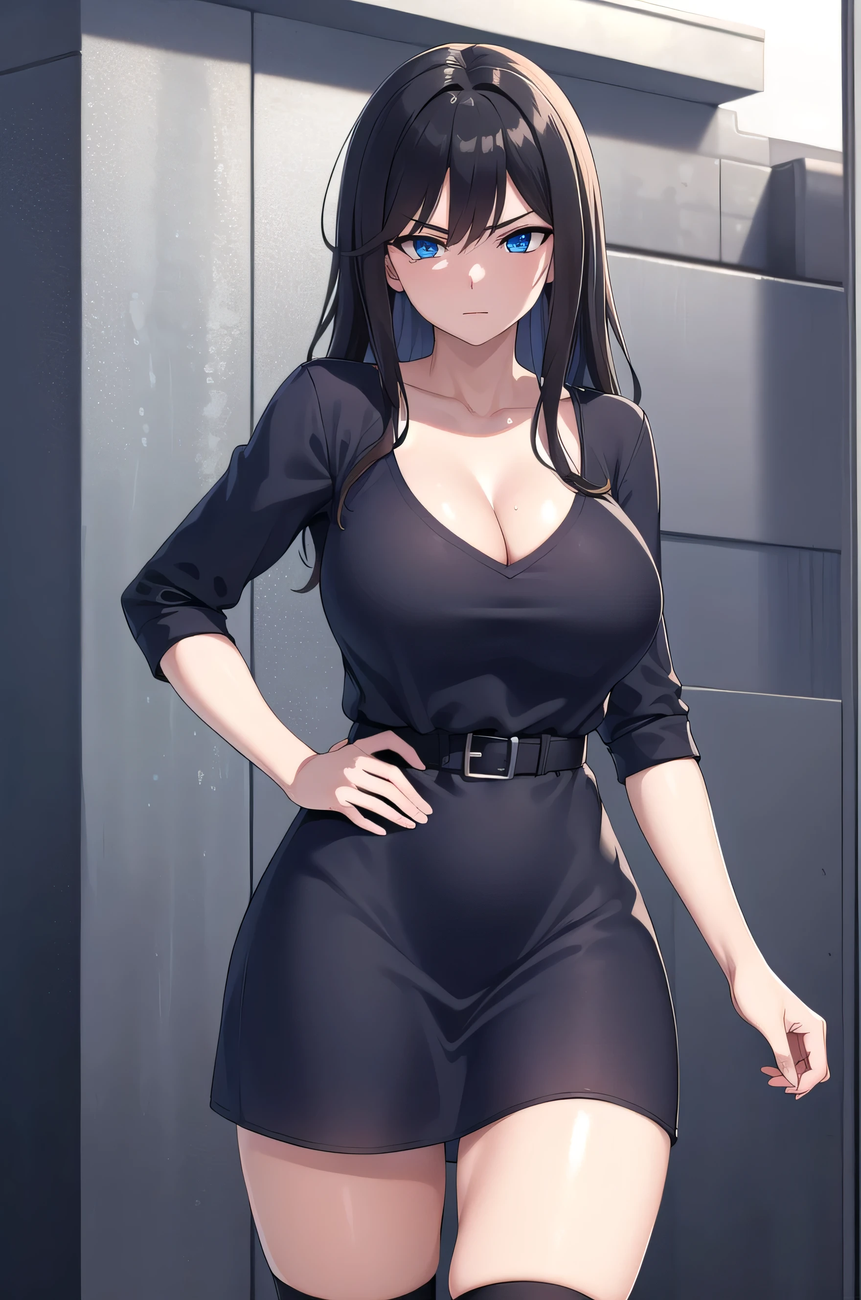 Anime Women、solo、(Blue Eyes:1.7)、Light brown hair、Long Hair、Twin tail hair、Strong muscles、Big Breasts、cleavage、A woman with very large breasts、anger、Muscular and strong、black Knee socks、dress、Knee socks、(black dress:1.5)、long dress、Long sleeve、Cleavage、 looking at viewer、Cowboy Shot、Very tall woman、whole body、Muscular Woman、outdoors、city、(masterpiece:1.2)、masterpiece、highest quality、High resolution、unity 8k wallpaper、(figure:0.8)、(Beautiful fine details:1.6)、Highly detailed face、Perfect lighting、Highly detailed CG、(Perfect hands, Perfect Anatomy)、