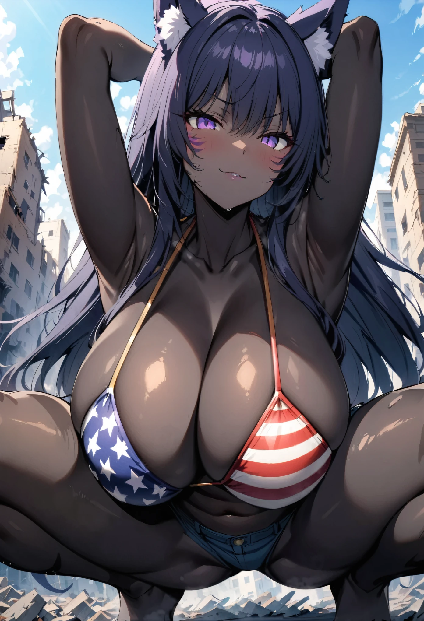 masterpiece, best quality, extremely detailed, 1girl, (milf, motherly), solo, (dark skin, black skin:2), (huge breasts:1.33), ((((purple hair), long hair, purple eyes, facial mark, wolf ears))), parted lips, (((bikini, american flag print bikini, full-body tattoo, denim shorts))), ((seductive smile), closed mouth), ((squatting, arms behind head, destroyed buildings))