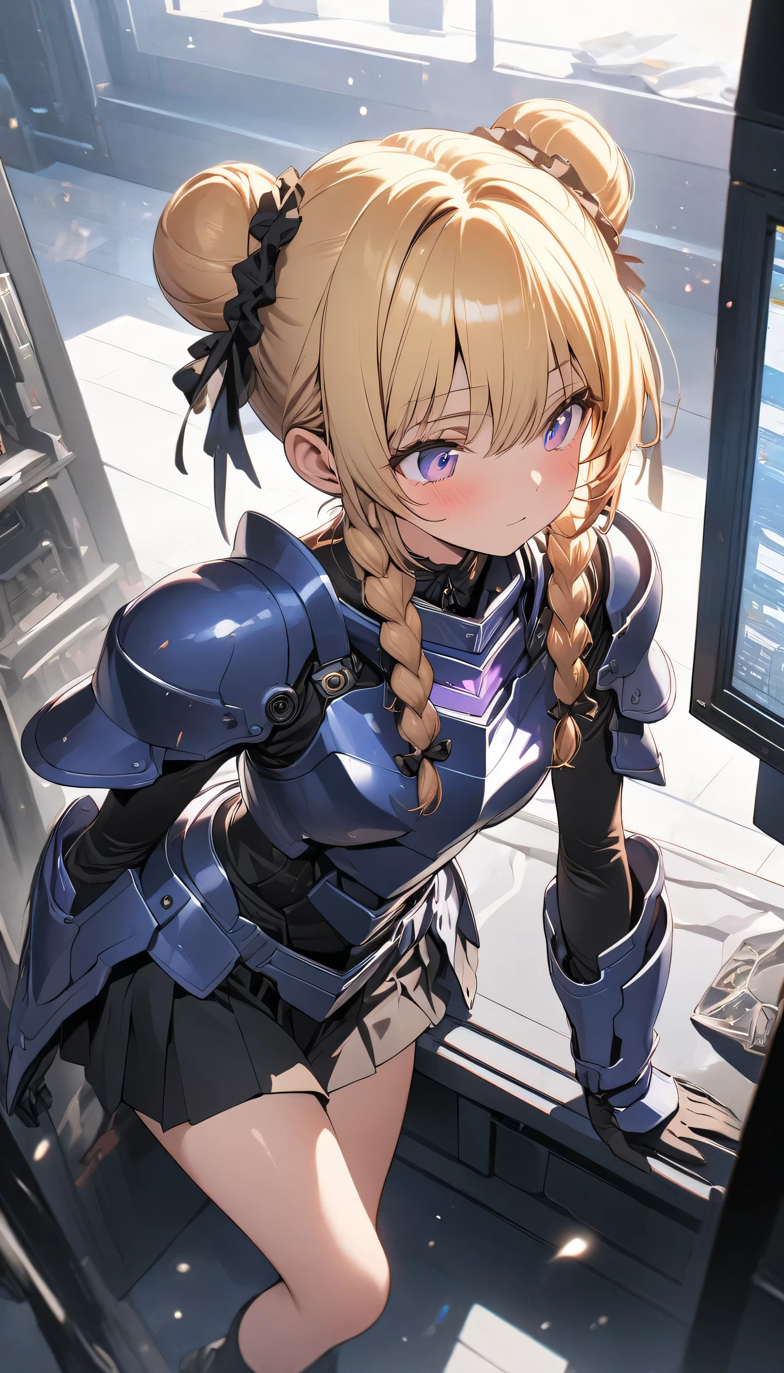 masterpiece, best quality, (super fine illustration:1.2), ultra detailed, fine textured, crisp, perfect design, ideal ratio body proportions, perfect eyes, perfect hand, absurdres, highres, 8K, Ray Tracing, game cg
1 mecha girl, blonde hair, (Western style side braids,A bun on top of the head)、 purple eyes, No expression, research institute, monitor,(The skirt is black)、(Skirt Armor:1.6)、
BREAK
machine armor, machine body, flat chest,
、anime、(Simple Background)、Full Body