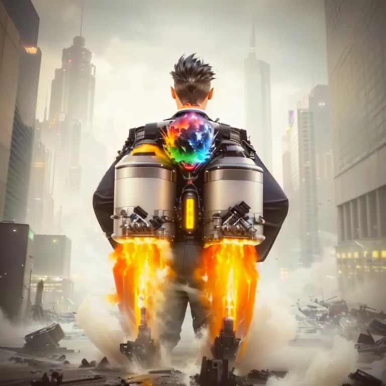 sharp man in suit with backpack and fire breather, jetpack, jetpack, Google point of view, wearing jetpack, cyberpunk flame suit, big tech art style, high octane rendering, huge backpack with jet rocket engine, colorful ferrofluid armor, with an explosion in the back, colorful octane rendering, promotional rendering, cool marketing photo,