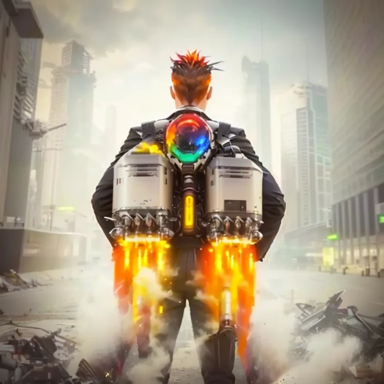 sharp man in suit with backpack and fire breather, jetpack, jetpack, Google point of view, wearing jetpack, cyberpunk flame suit, big tech art style, high octane rendering, huge backpack with jet rocket engine, colorful ferrofluid armor, with an explosion in the back, colorful octane rendering, promotional rendering, cool marketing photo,