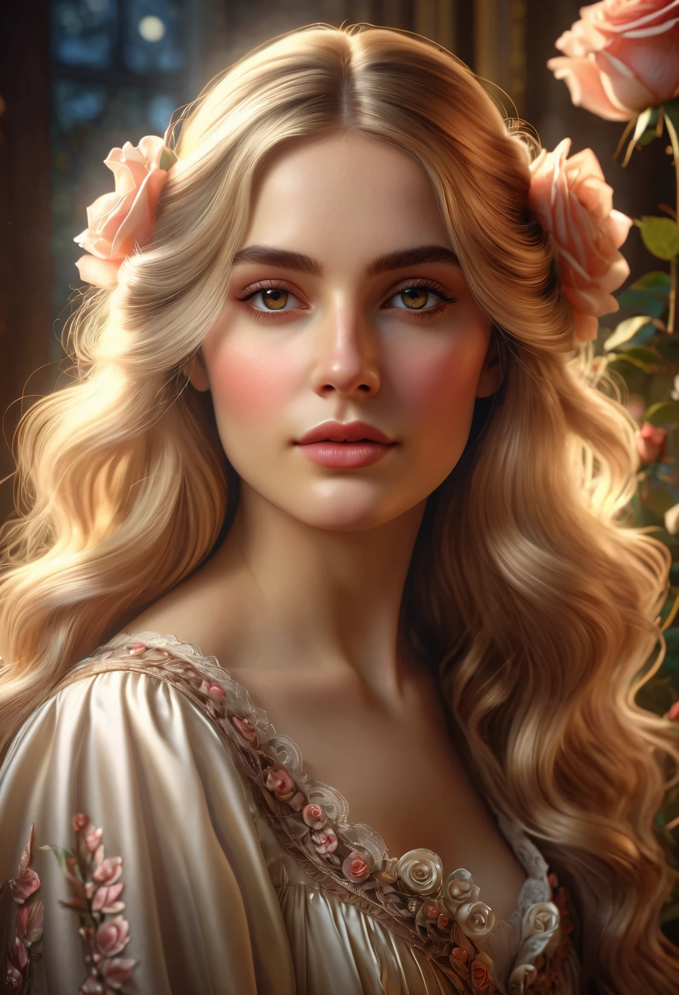 best quality, masterpiece, a stunning illustration of a Victorian woman with long blonde hair and brown eyes, rose, dreamy, (beautifully detailed face:1.2), soft light, ray tracing, highly detailed, 8k
