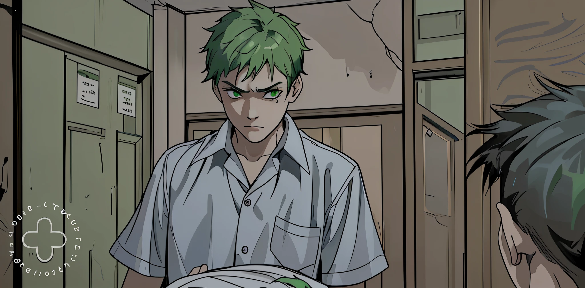 There is a 16-year-old boy with green hair, green eyes, intimidated with fear, he speaks nervously with his gaze downcast, he looks at the floor with sadness and fear.