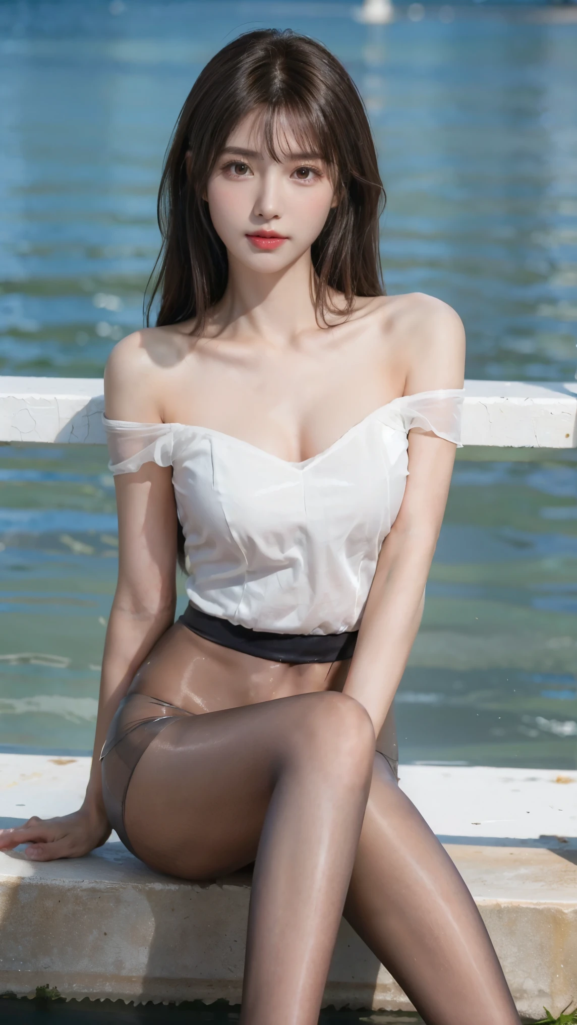 (Masterpiece), ((Perfect anatomical depiction)), (Amazing dynamic range photography), (Medium long brown hair), (Bangs), (Transparent and shiny thin light gray pantyhose), Transparent Shiny pantyhose, long and slender legs, (white off-shoulder dress), (white high heels), (tropical sea background), beautiful face, sunlight, movie-like light, just like a Japanese idol, beautiful eyes, princess eyes, (black eyes), 8 heads, 8K resolution, cute Japanese girl, elegant, perfect, dynamic, high detail, smooth, (toward the viewer), shot with real natural light, lovely hairstyle, beautiful age face