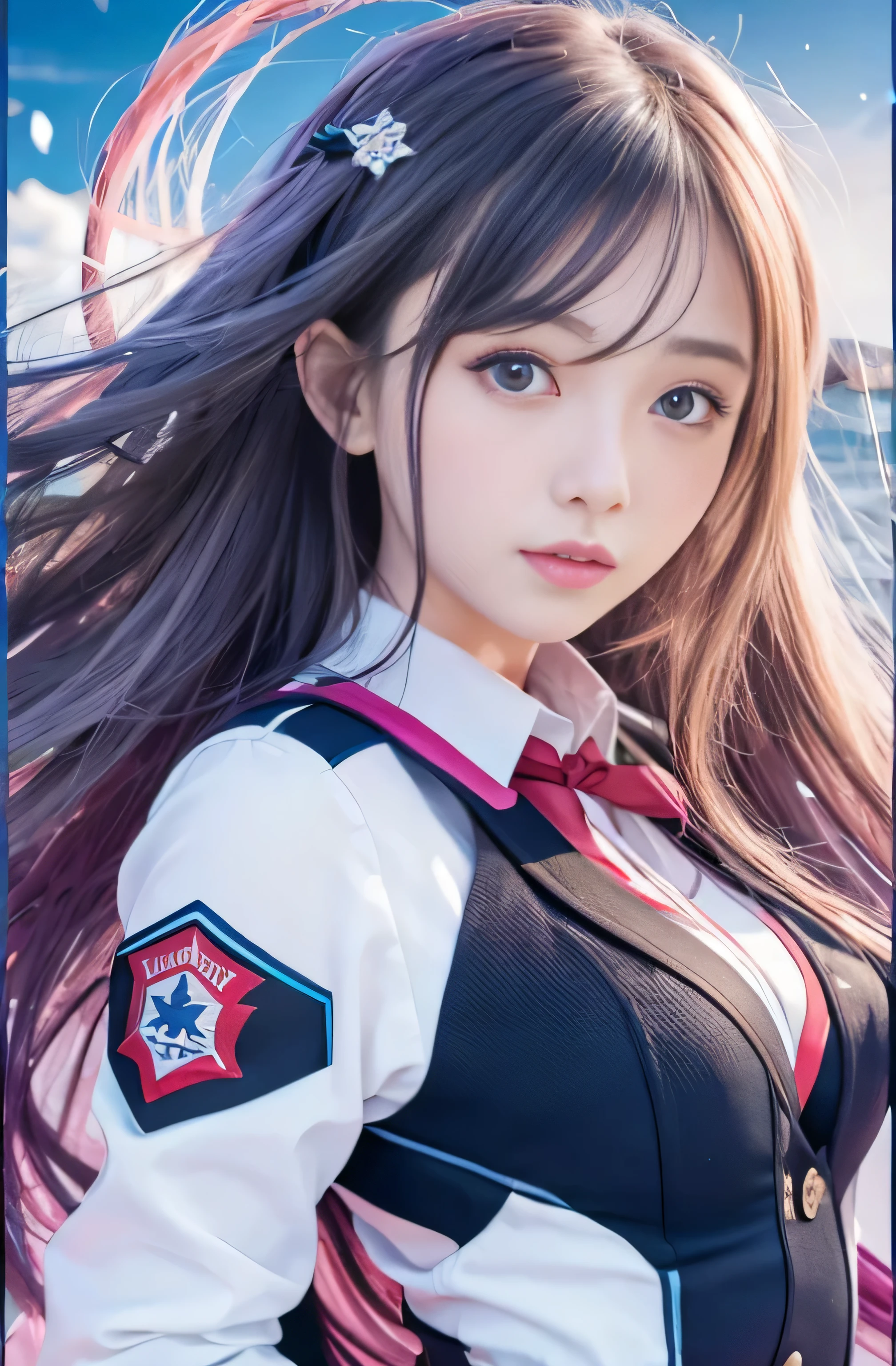 ((RAW Image Quality:1.4)), Girl with long hair and blue eyes in front of a colorful background, uniform, Big Breasts, Hair blowing in the wind, Cute girl visuals, Moe art style, Smooth art photography, Hololive, Visual novel, Beautiful school girl, Splash Art , hanayamata, Portraiture, Cute and realistic portrait, everyone, Official artwork