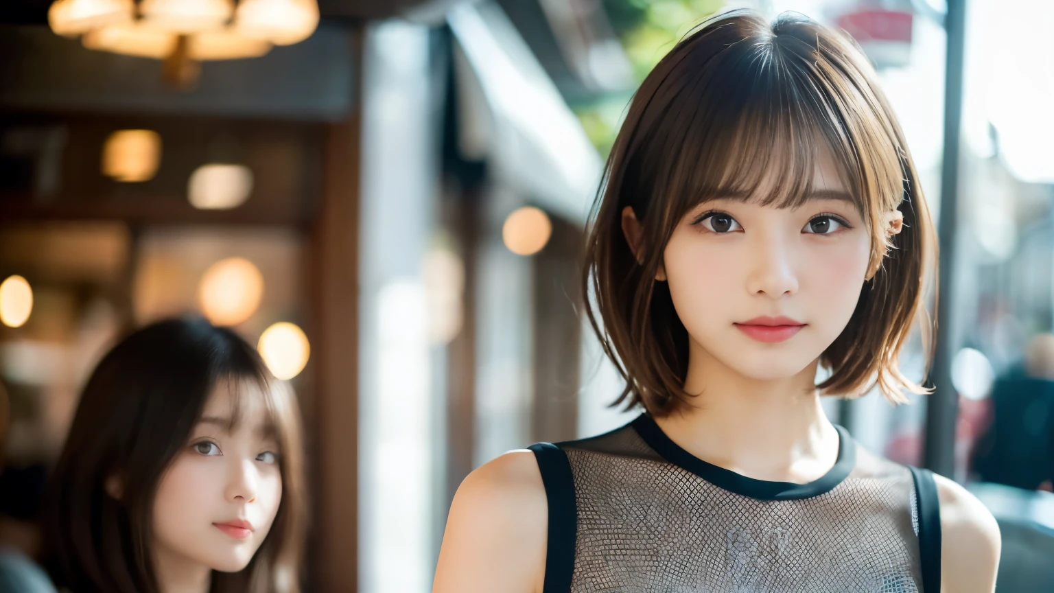 super high quality, Short Hair, Slender, Gravure photoshoot, The staff is working at the counter in the back., (8k、RAW Photos、highest quality、masterpiece:1.2), Japanese Idol, Shaggy, Sportswear, Stylish café, (Realistic、Photorealistic:1.37), Mesh Hair, Normal chest, Urban Cafe, Golden Ratio, Raw photo, Cute face , Light Brown Hair, Bright cafe interior, Blurred Background, Spring Clothes, A sweet expression, Watching the audience, Beautiful hairstyle, 20-year-old, Hair blowing in the wind, Neat clothes,